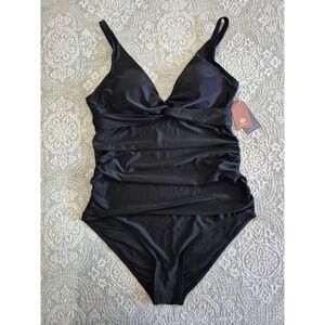 Smismivo Black Ruched Tummy Control One Piece Swimsuit XL New